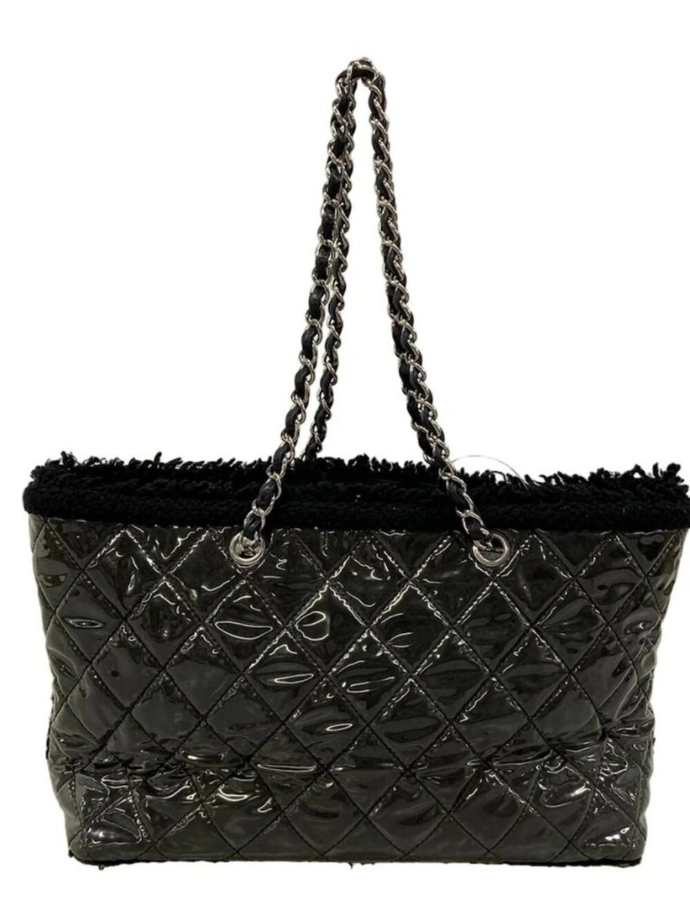 CHANEL Patent Toilette Chain Tote Black Vinyl Tweeds Tote Bag - Picture 3 of 15